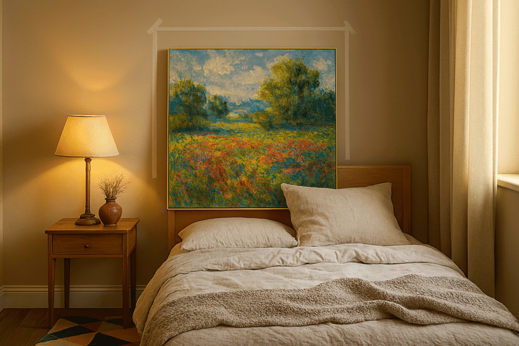 Impressionist painting leaning against a bedroom wall with masking tape outlining its intended hanging spot, surrounded by soft linens and natural light