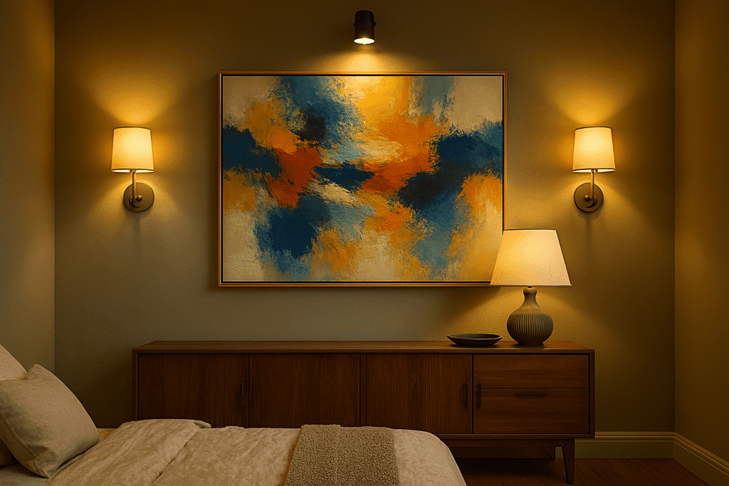 Modern painting hung above a minimalist sideboard in a well-lit, curated interior