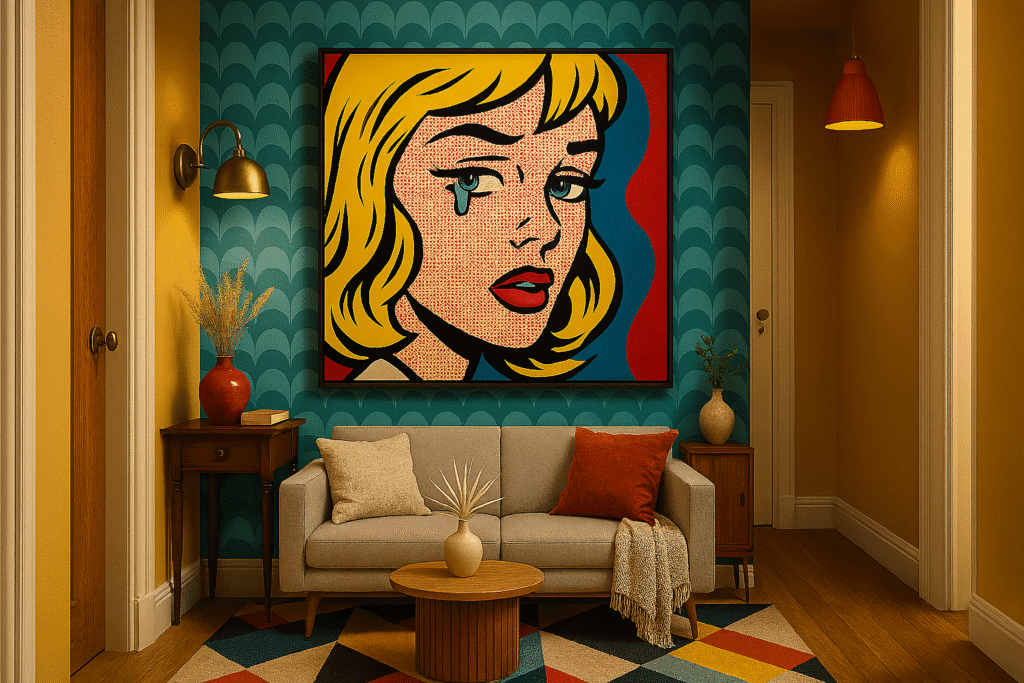 Pop art painting displayed in a vibrant hallway with bold turquoise wallpaper, geometric rug, and accent lighting