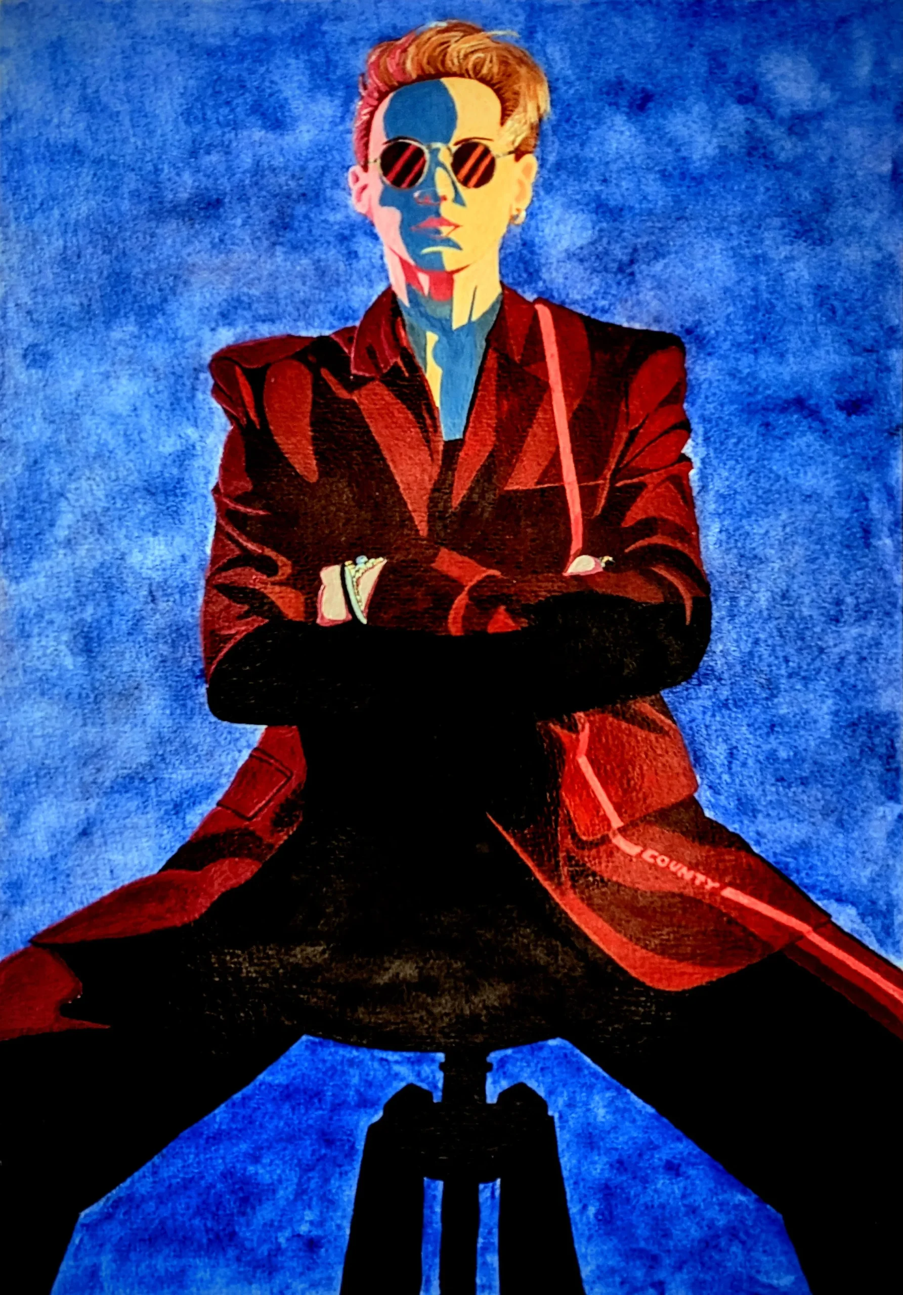 Portrait painting of Elly Jackson in bold reds and blues