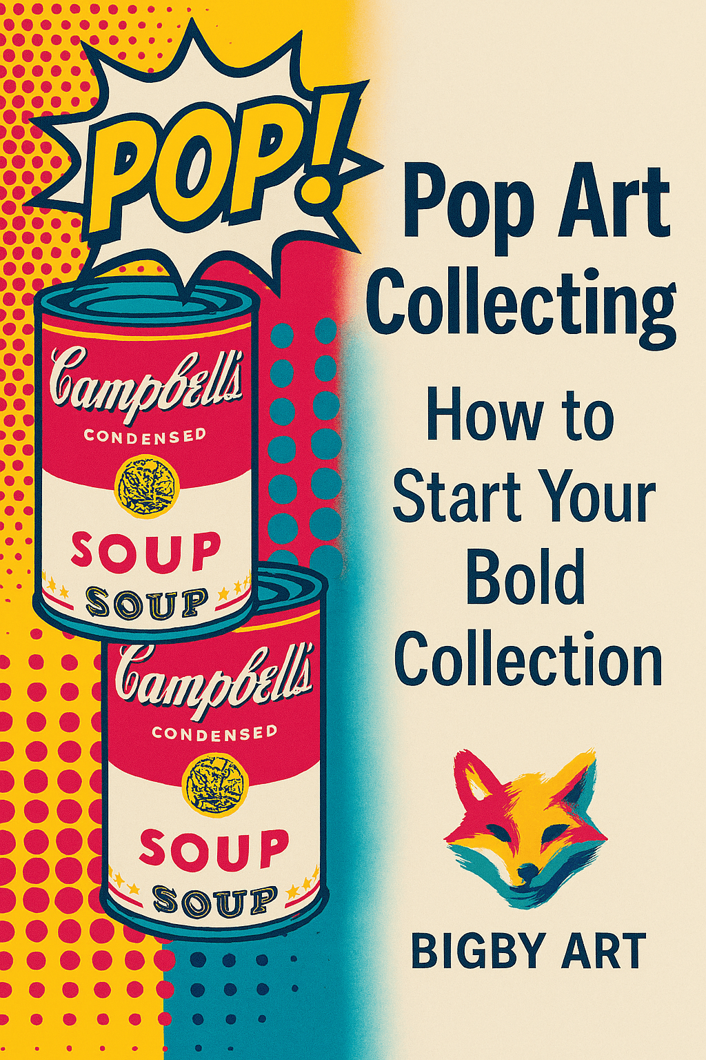 Pinterest-style featured image for Pop Art Collecting guide, showcasing iconic pop art motifs and bold typography — perfect for new collectors.
