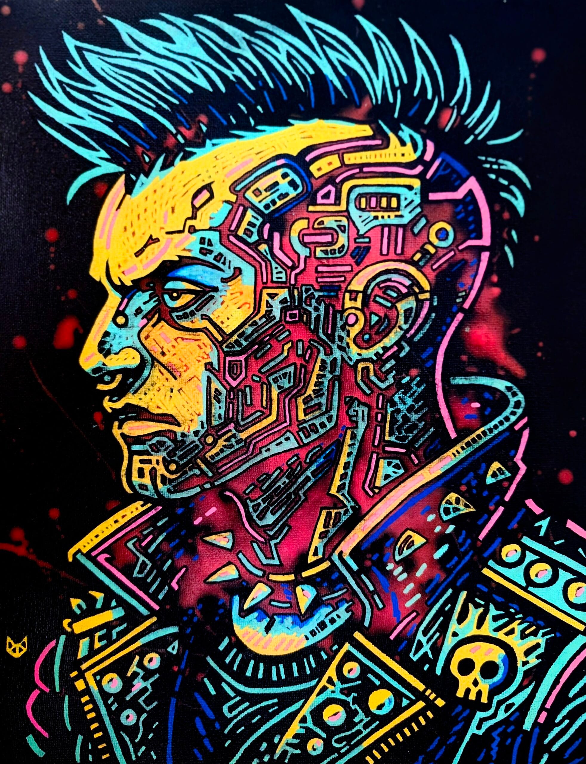 Full portait image of a cyberpunk character with cybernetic enhancements