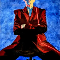 A bold gouache portrait of Elly Jackson, frontwoman of La Roux, inspired by a striking Gay Times photoshoot. Portrait painting of Elly Jackson in bold reds and blues