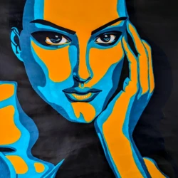This piece is a portrait of Natalie Portman, painted in acrylic on paper. I’ve always found her features captivating; poised yet sharp, delicate yet strong. Portrait image of Natalie Portman in vibrant blues and yellows